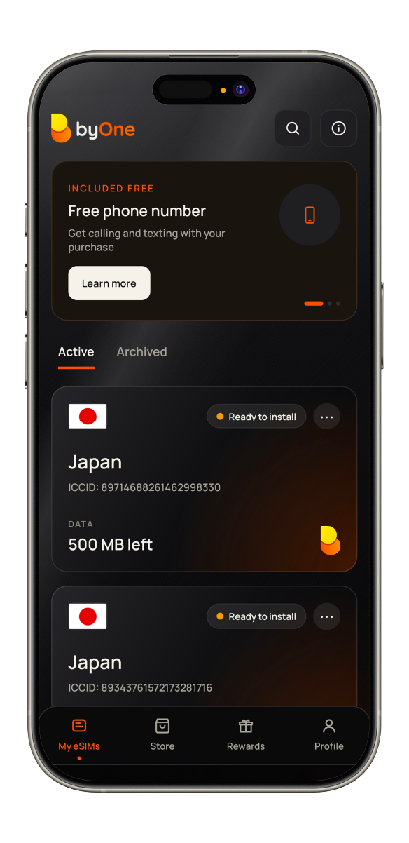 The byOne app showing active eSIMs